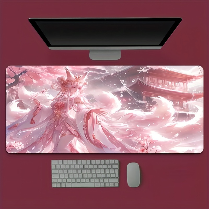 Desk Setup Aesthetic - Anime-Fuchs-Mädchen Schreibtischunterlage, Erweiterte Rutschfeste Gummi-Gaming-Mausmatte mit