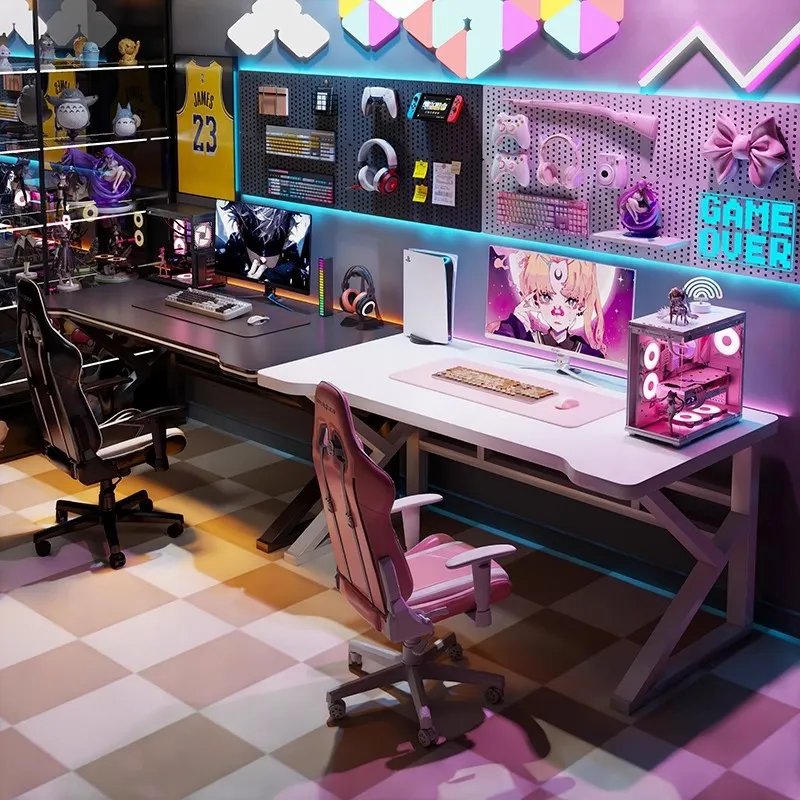 Desk Setup Bedroom - Doppelter E-Sports Gaming-Schreibtisch, langer Computertisch für